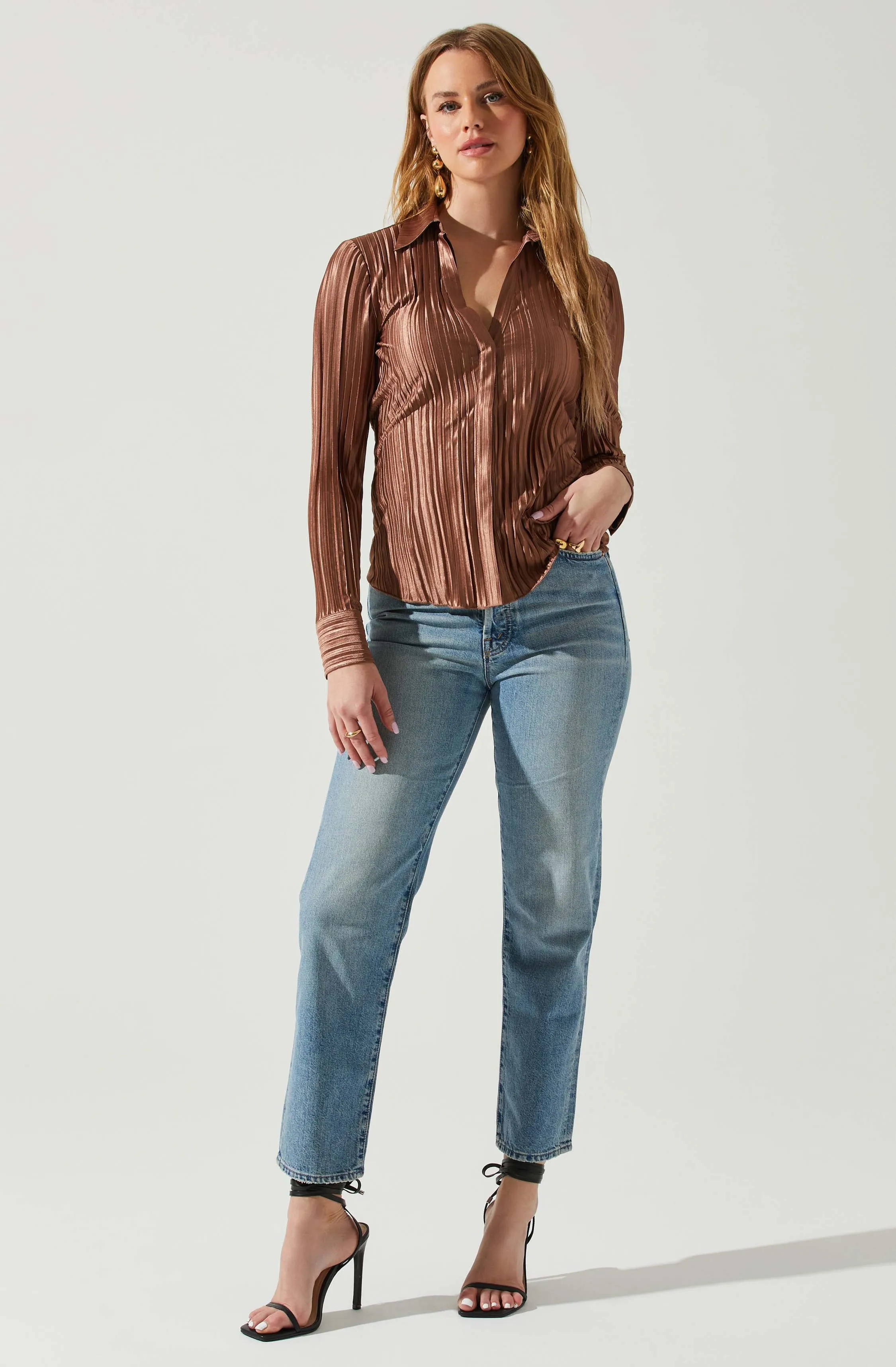 Laurel Satin Pleated Long Sleeve Top
