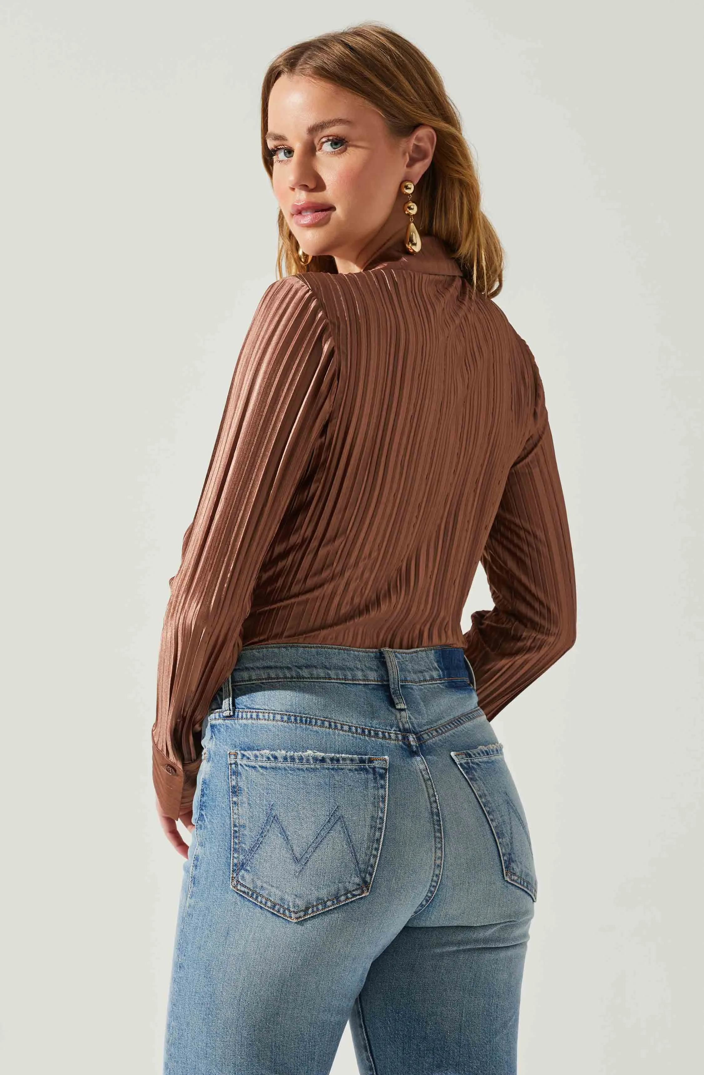 Laurel Satin Pleated Long Sleeve Top