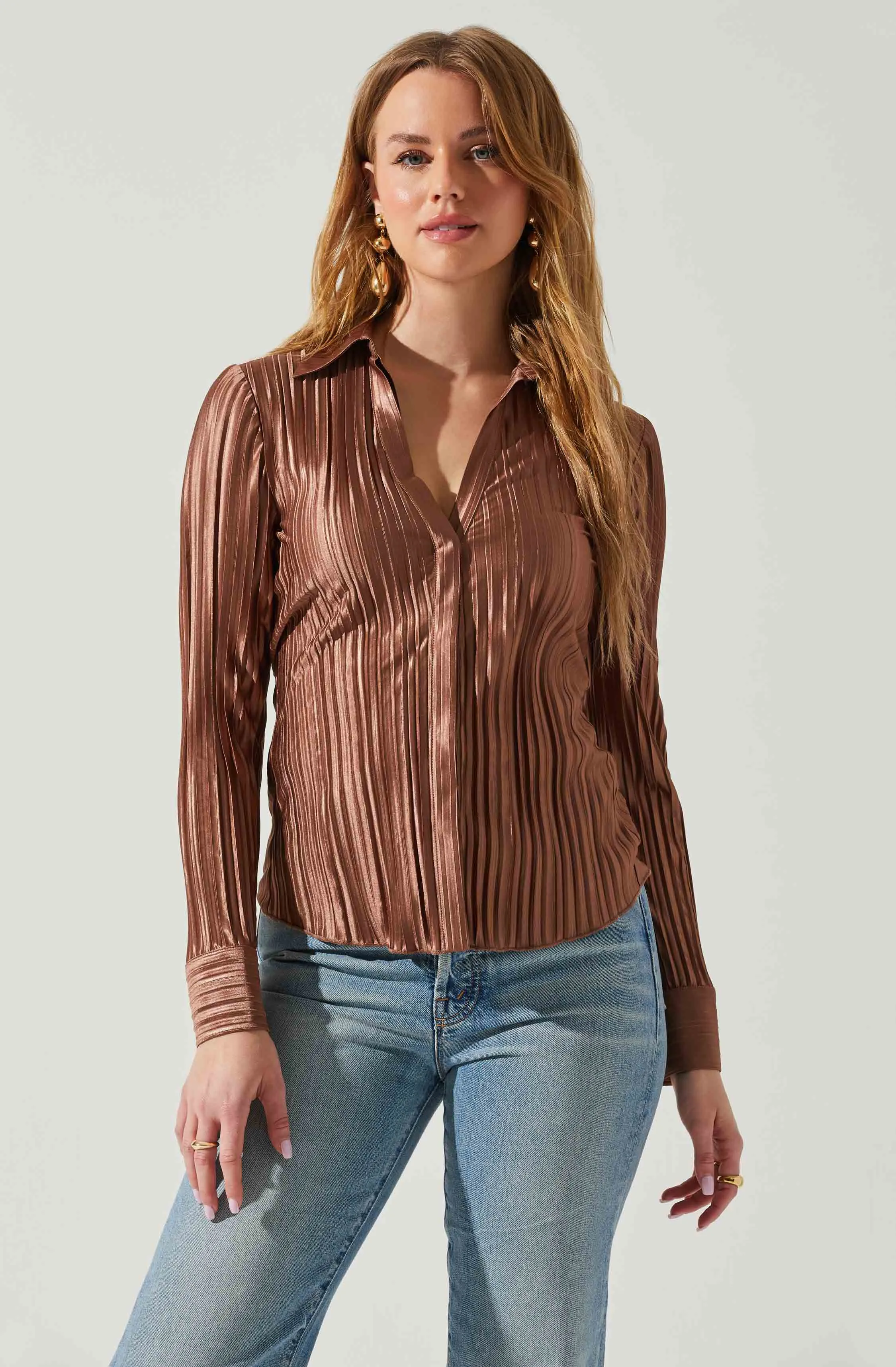 Laurel Satin Pleated Long Sleeve Top