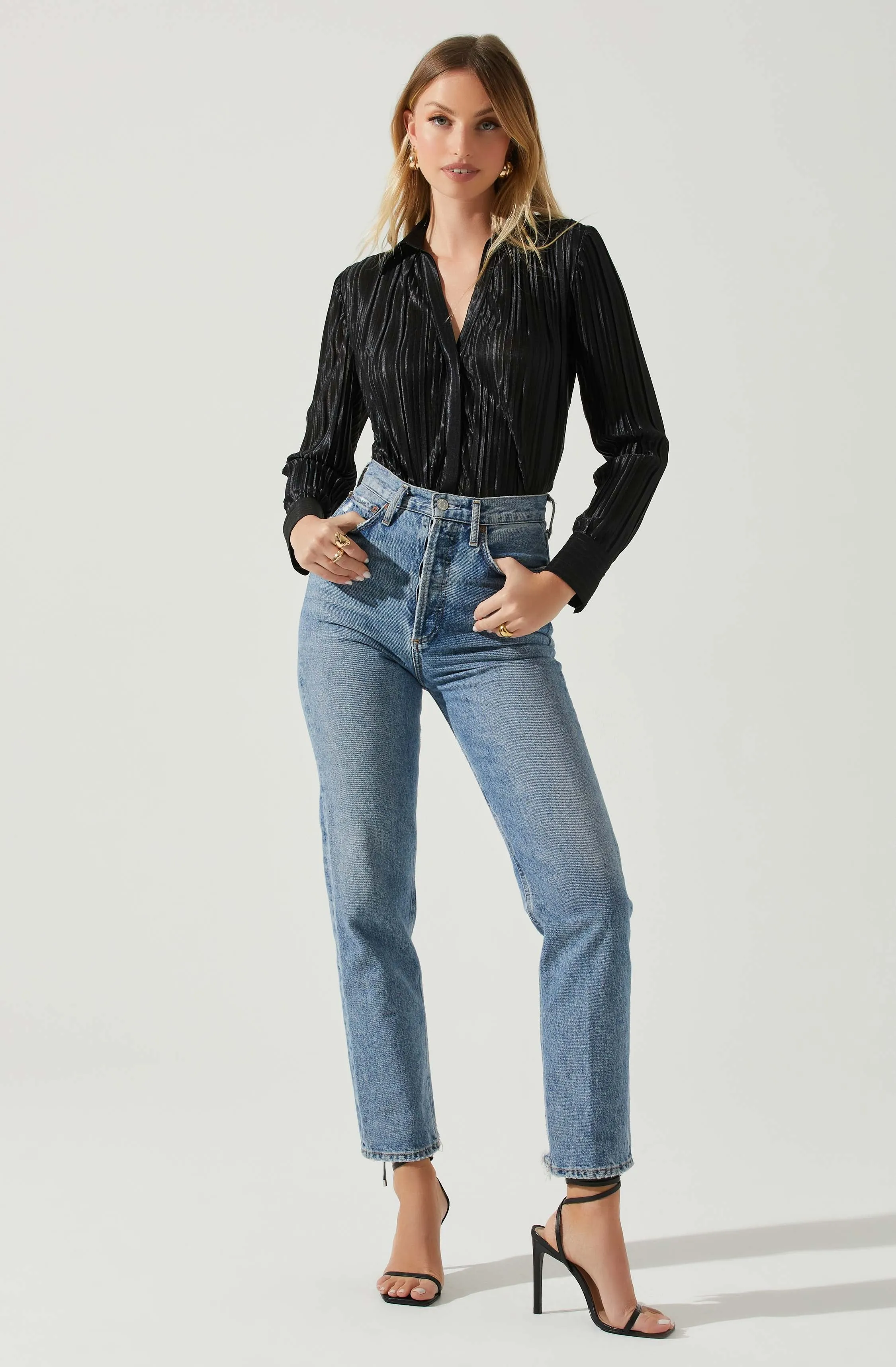 Laurel Satin Pleated Long Sleeve Top