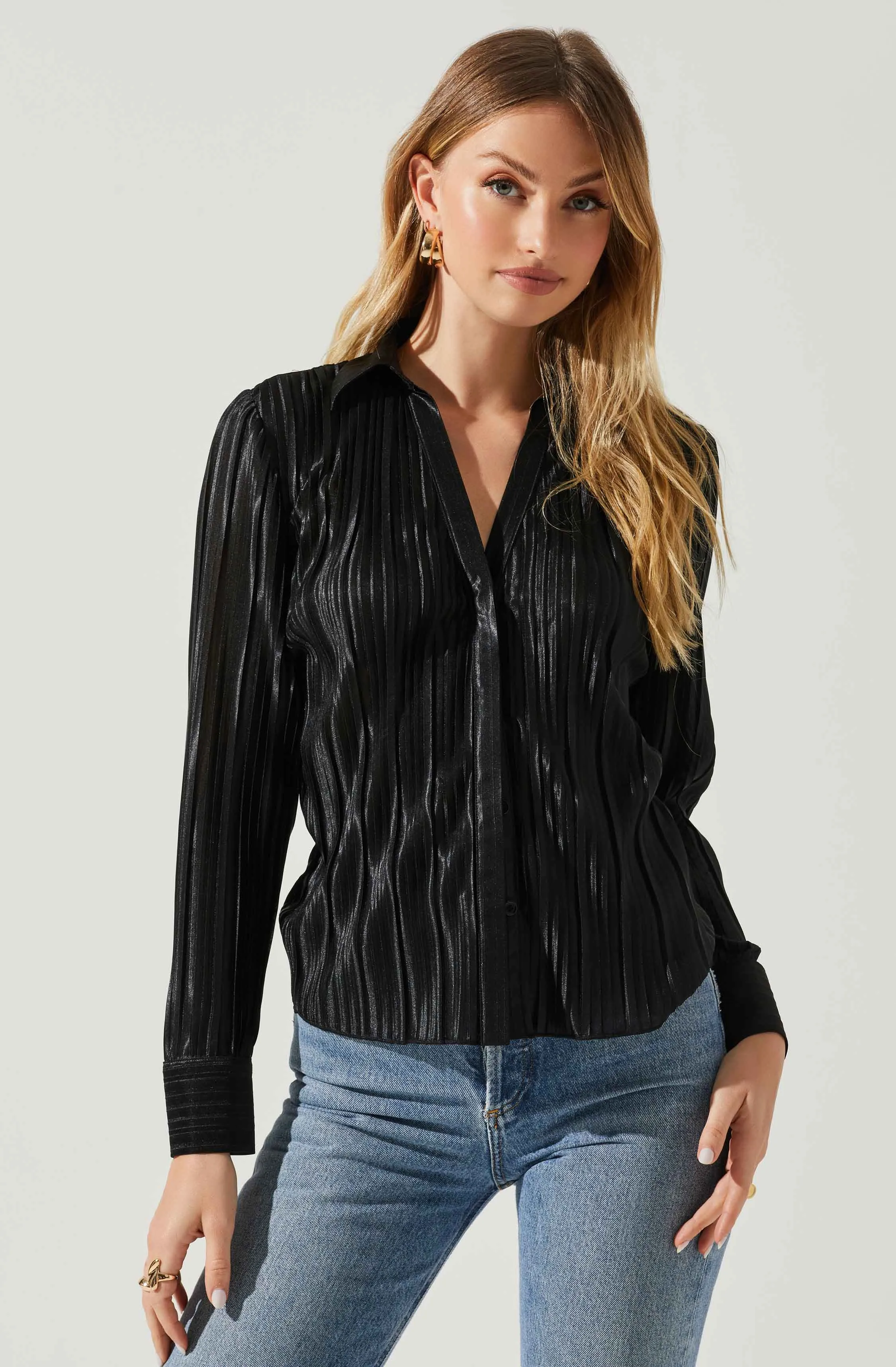 Laurel Satin Pleated Long Sleeve Top