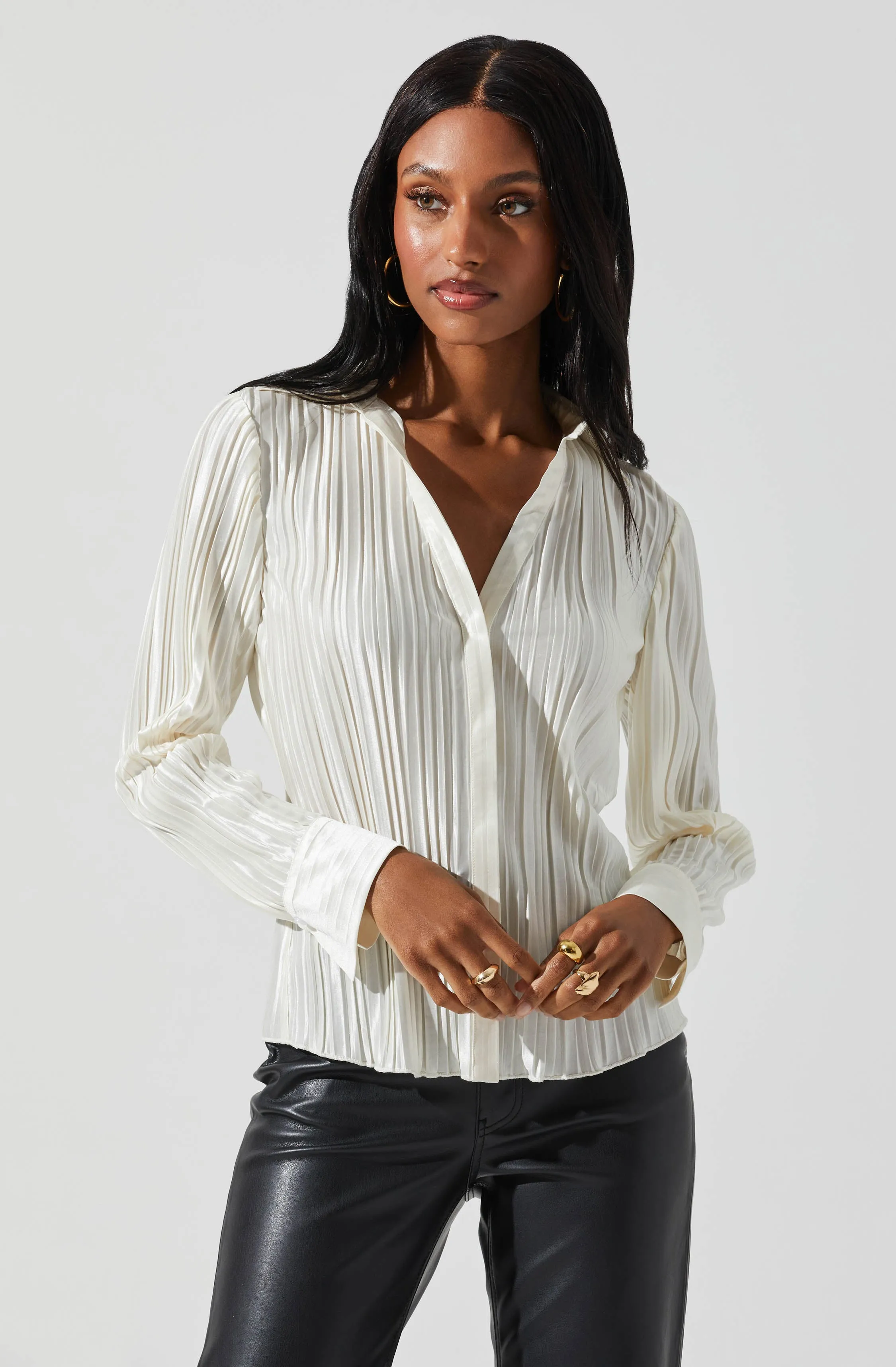 Laurel Satin Pleated Long Sleeve Top