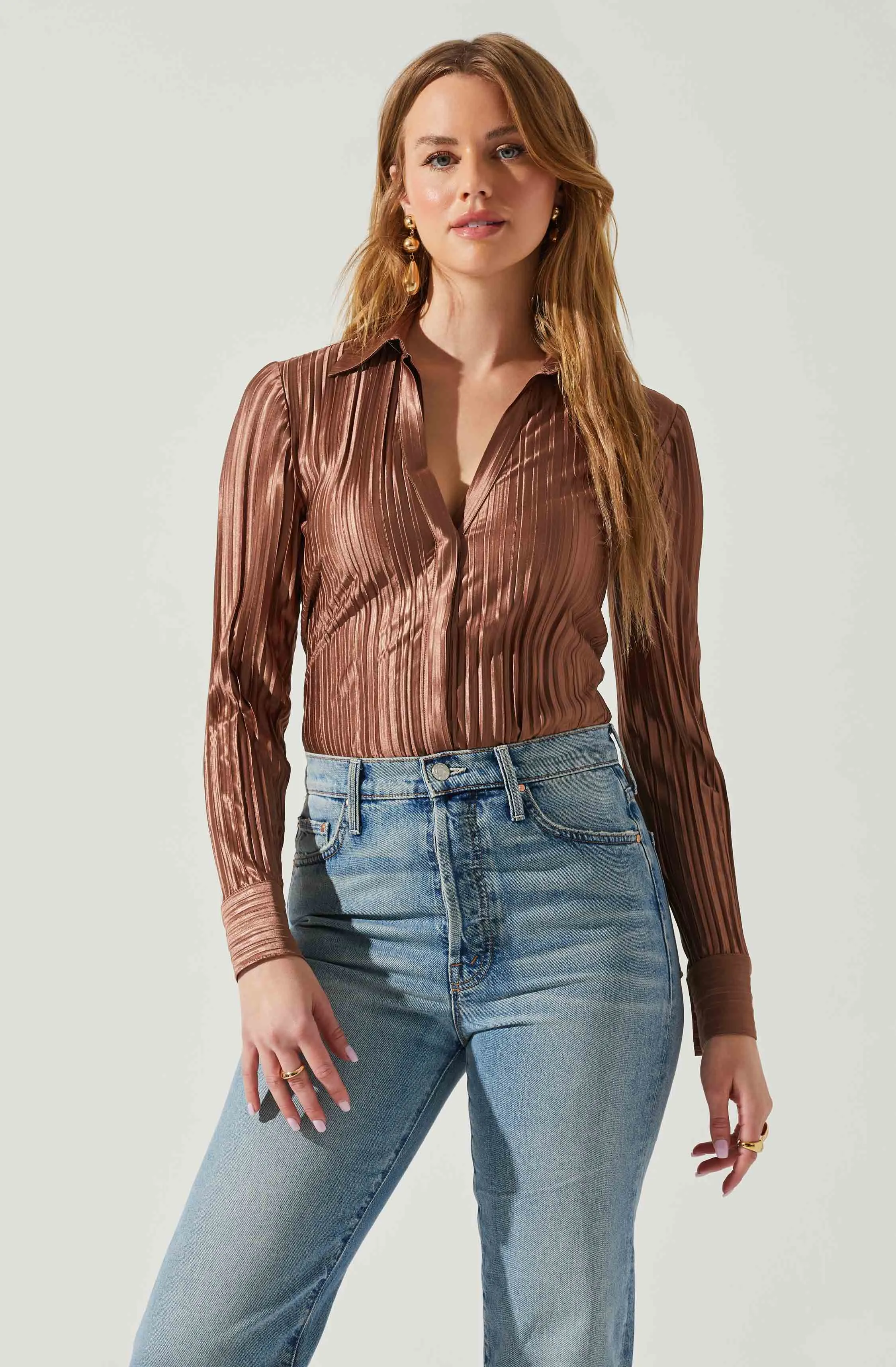 Laurel Satin Pleated Long Sleeve Top