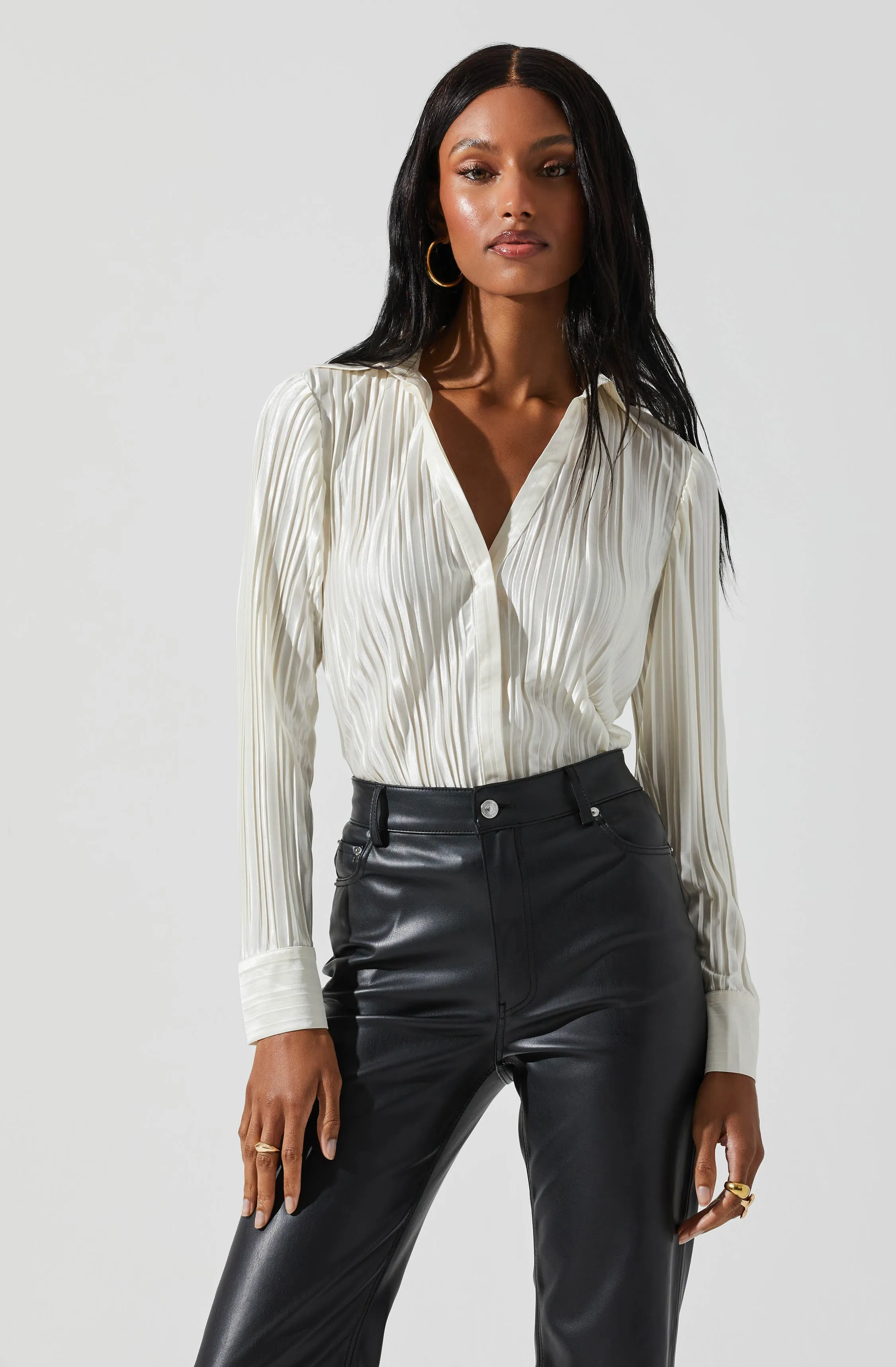 Laurel Satin Pleated Long Sleeve Top