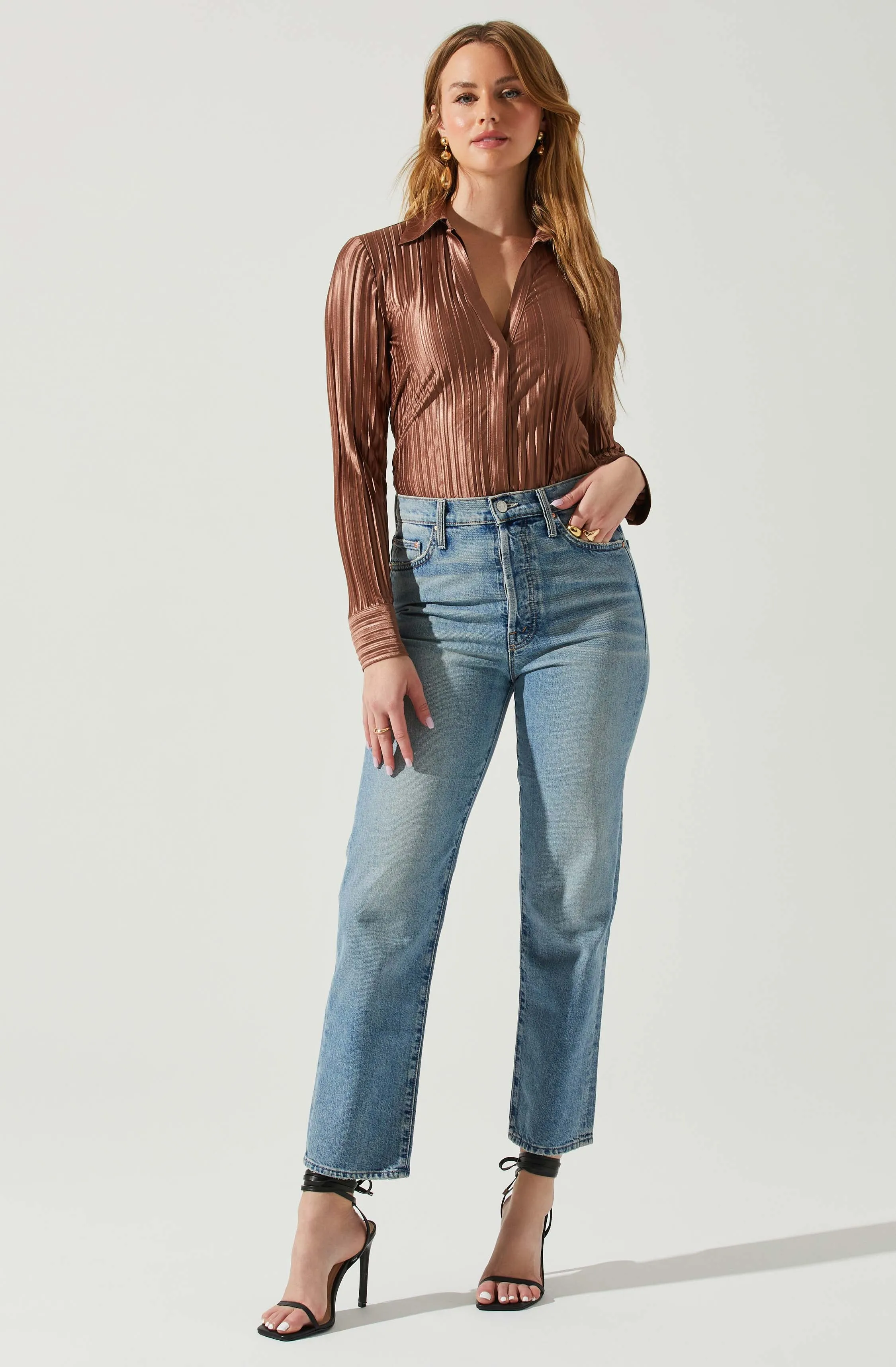 Laurel Satin Pleated Long Sleeve Top