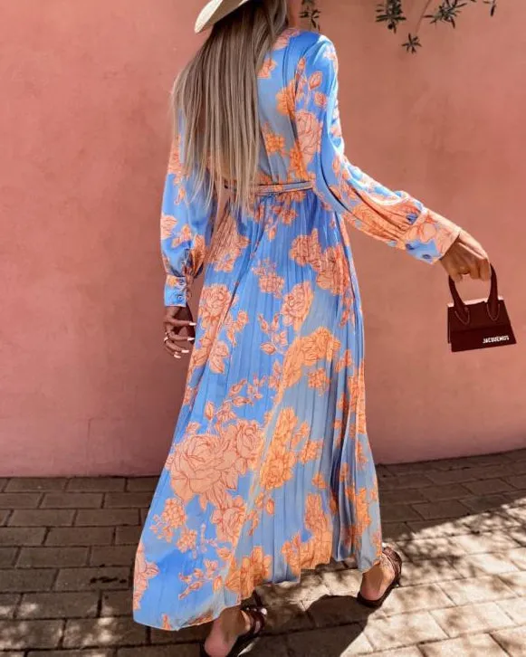 Long Sleeve Pleated Waist Swing Dress
