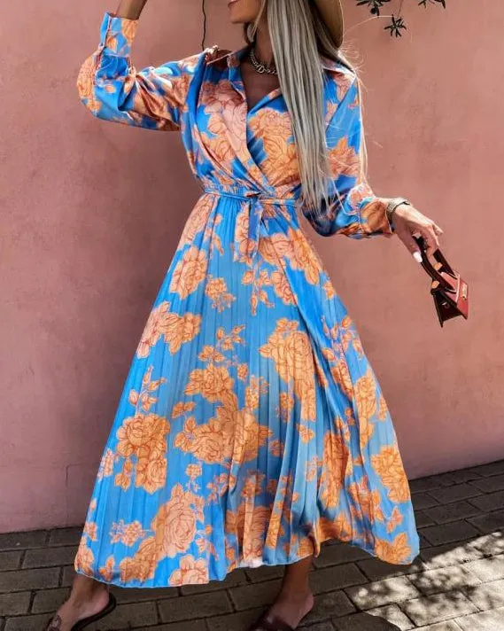 Long Sleeve Pleated Waist Swing Dress