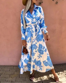 Long Sleeve Pleated Waist Swing Dress
