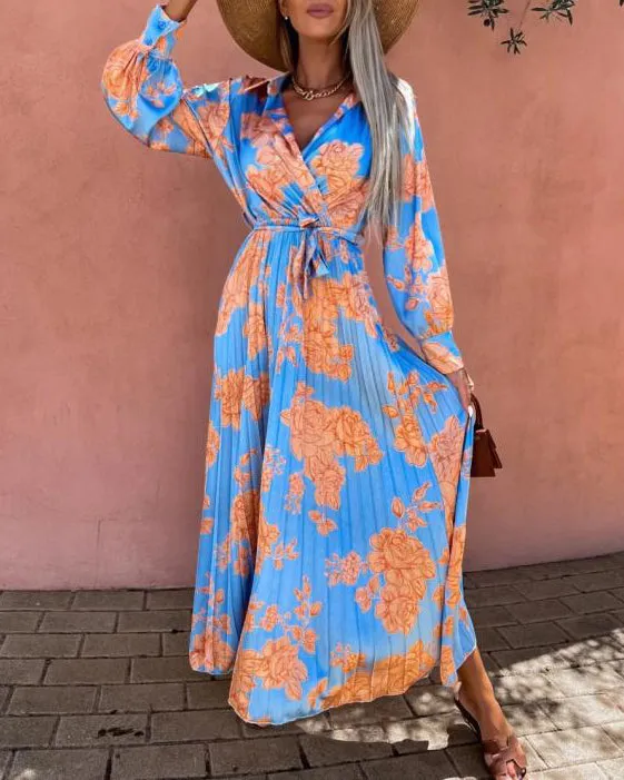 Long Sleeve Pleated Waist Swing Dress