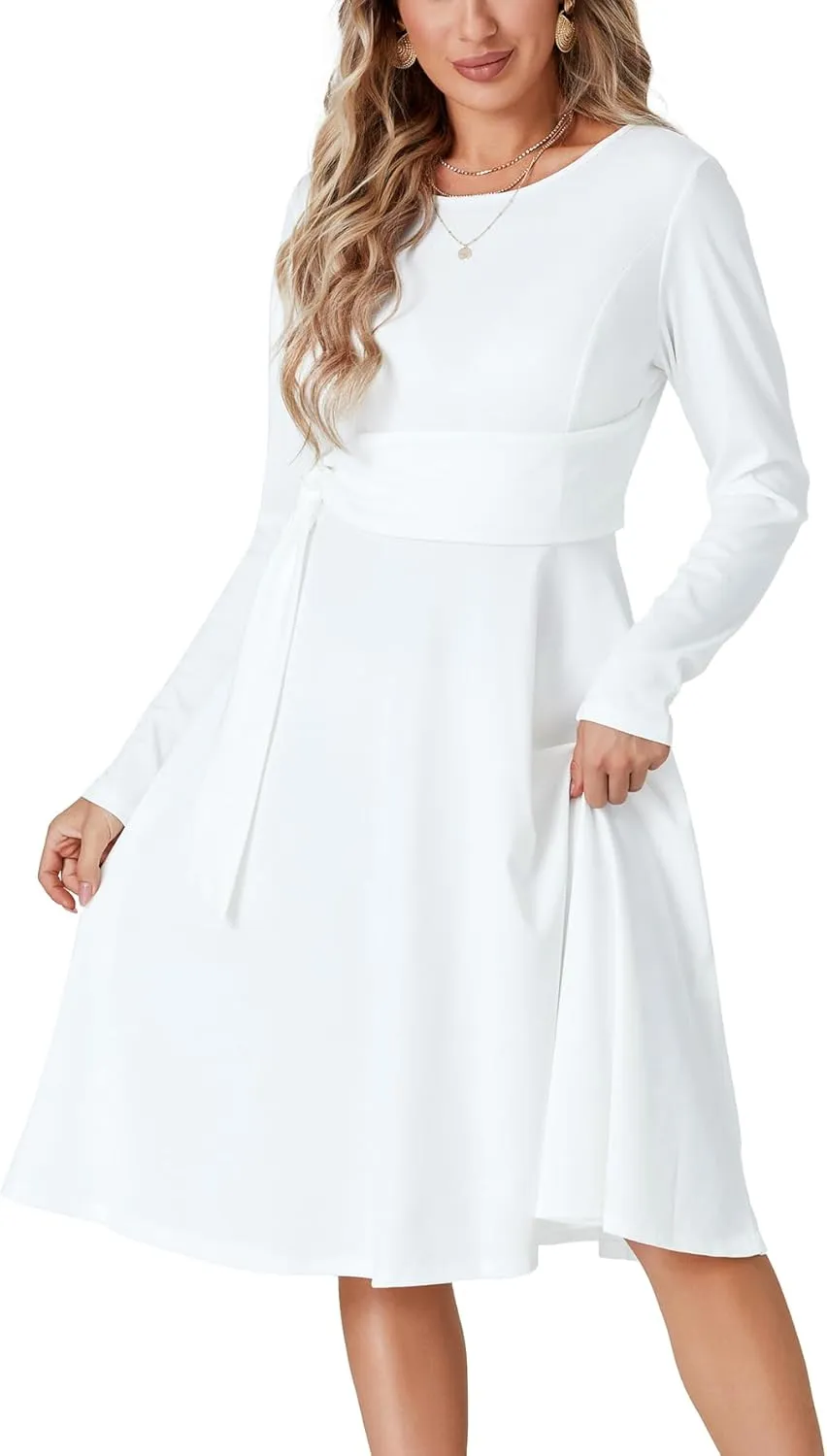 LYANER Women's Tie Front Waist Crew Neck Long Sleeve Pleated A Line Flared Midi Dress
