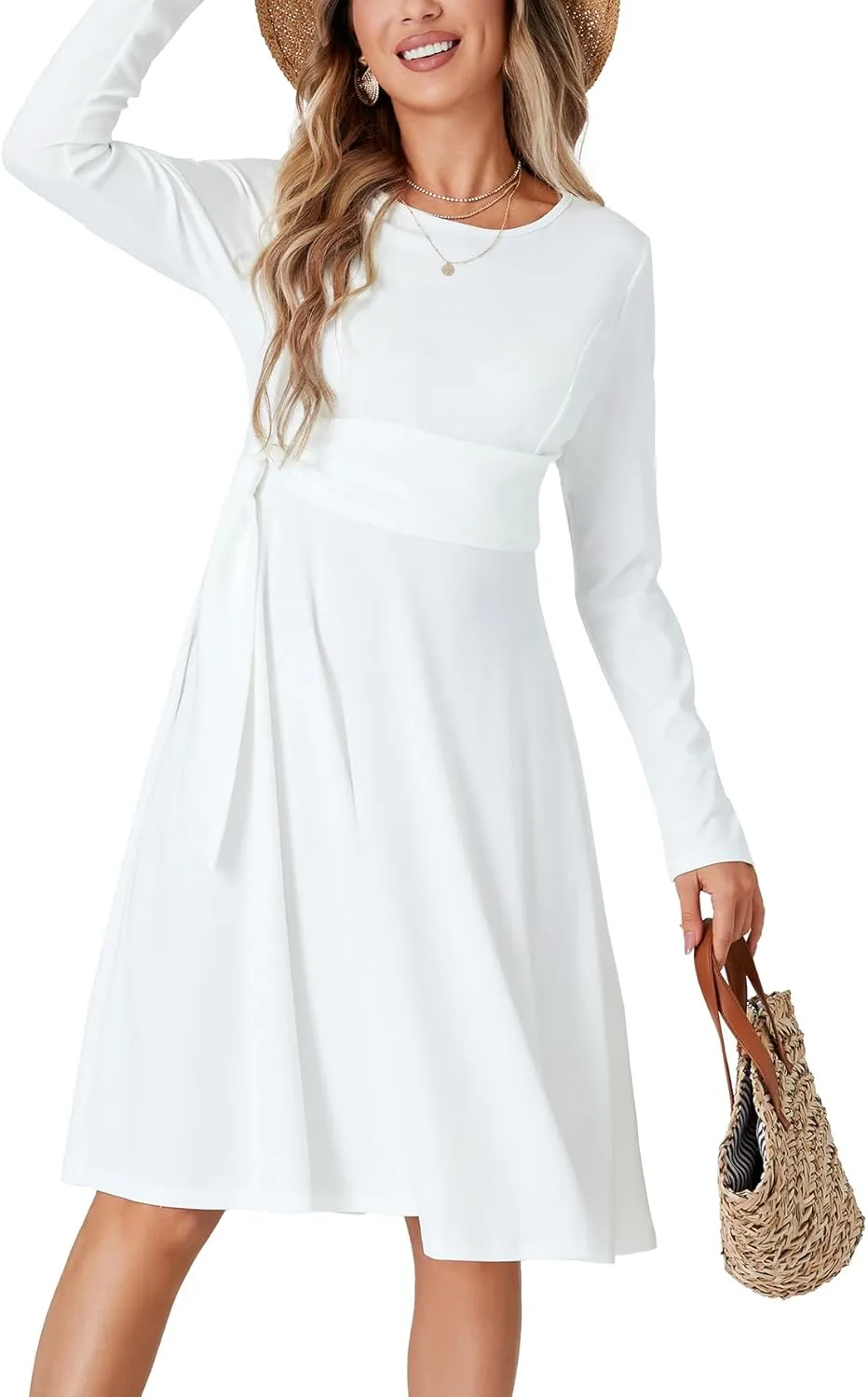 LYANER Women's Tie Front Waist Crew Neck Long Sleeve Pleated A Line Flared Midi Dress