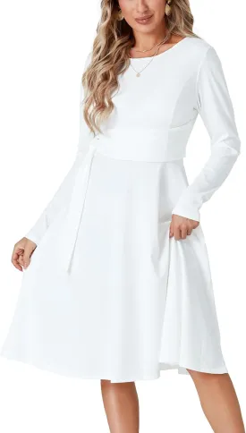 LYANER Women's Tie Front Waist Crew Neck Long Sleeve Pleated A Line Flared Midi Dress