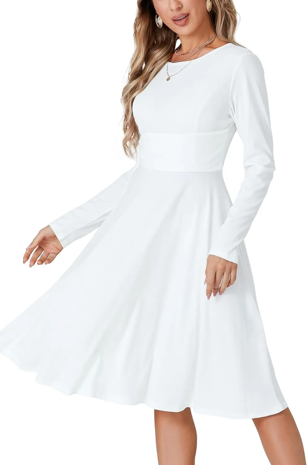 LYANER Women's Tie Front Waist Crew Neck Long Sleeve Pleated A Line Flared Midi Dress