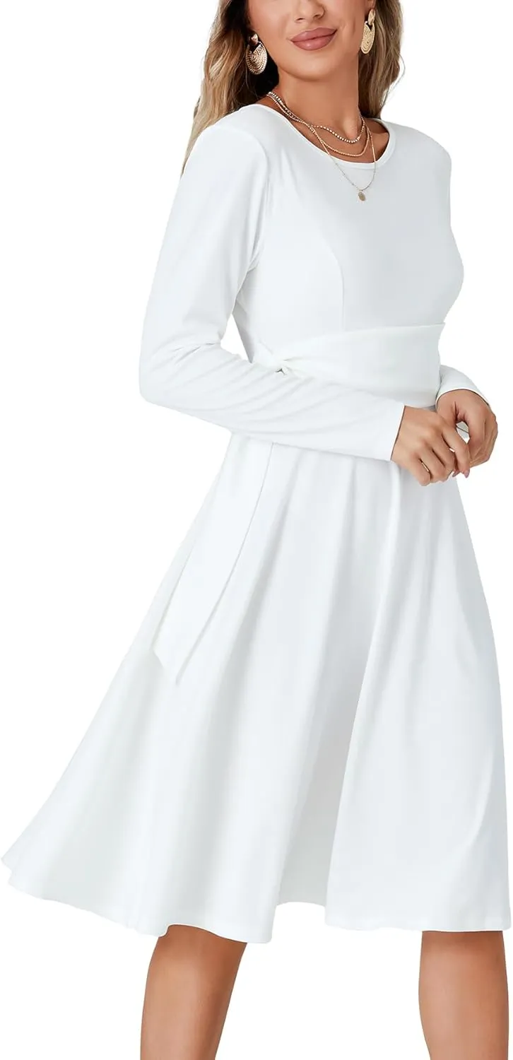 LYANER Women's Tie Front Waist Crew Neck Long Sleeve Pleated A Line Flared Midi Dress