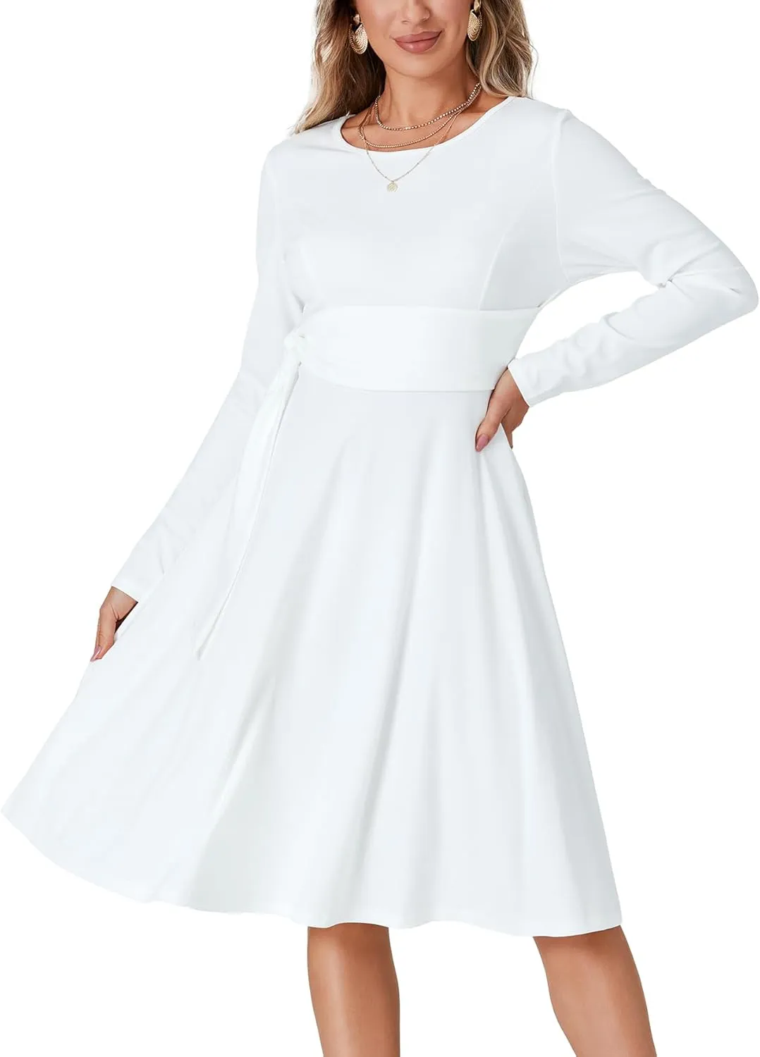 LYANER Women's Tie Front Waist Crew Neck Long Sleeve Pleated A Line Flared Midi Dress