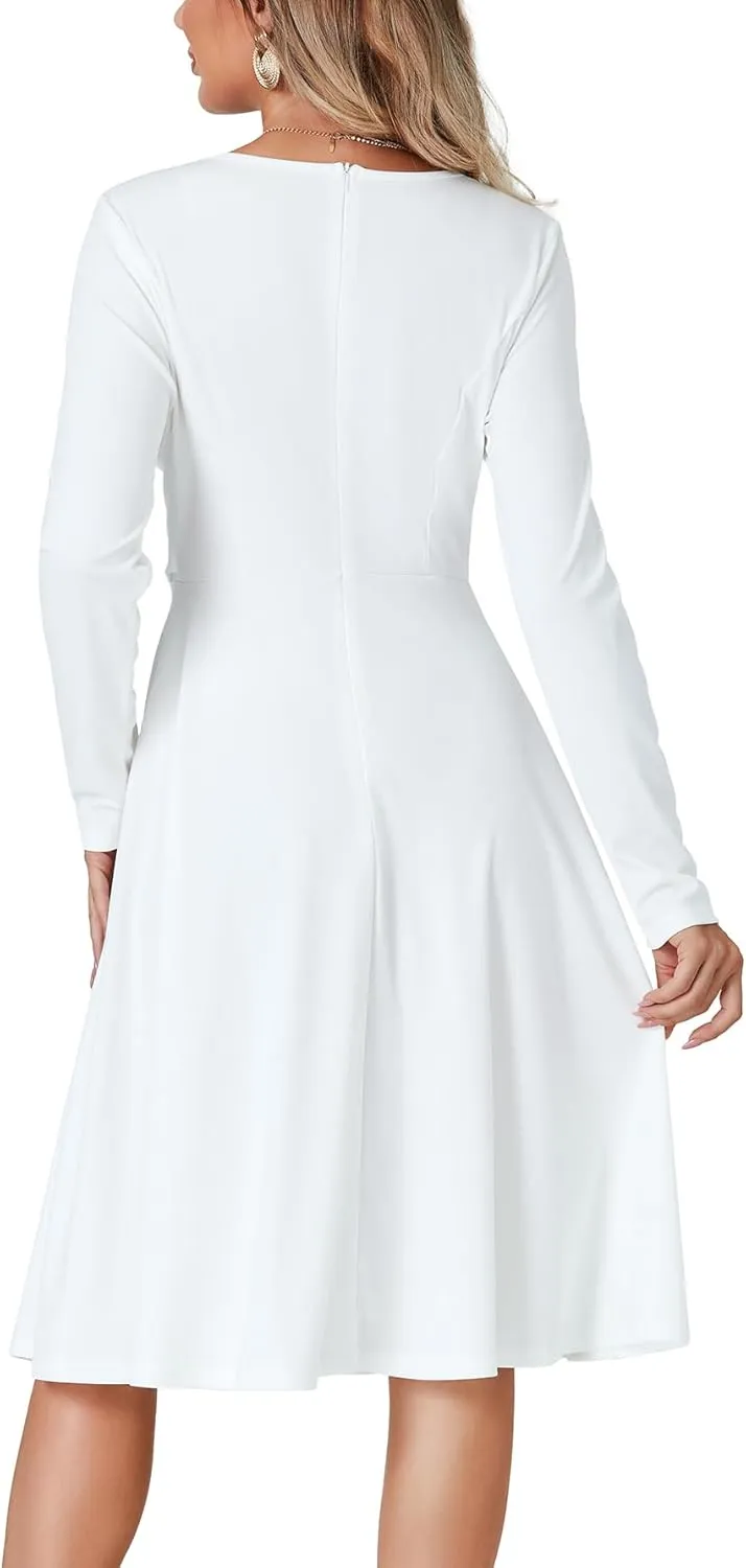 LYANER Women's Tie Front Waist Crew Neck Long Sleeve Pleated A Line Flared Midi Dress