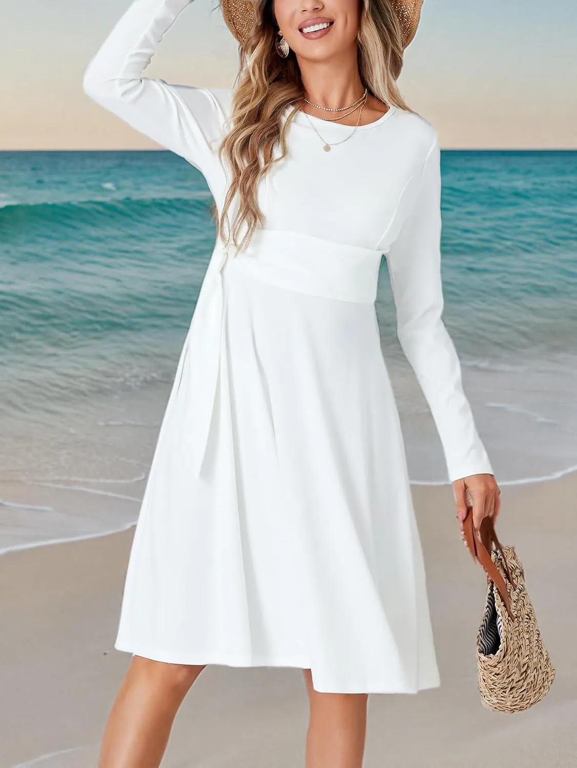LYANER Women's Tie Front Waist Crew Neck Long Sleeve Pleated A Line Flared Midi Dress