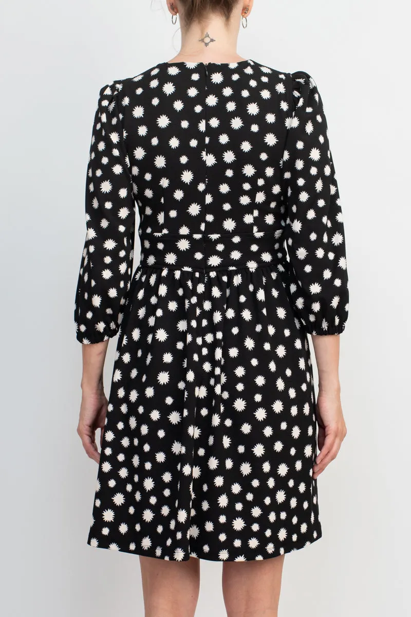 Maggy London Crew Neck pleated Banded Waist Elastic Cuffed 3/4 Sleeve Multi print Zipper Back Fit & Flare Crepe Dress