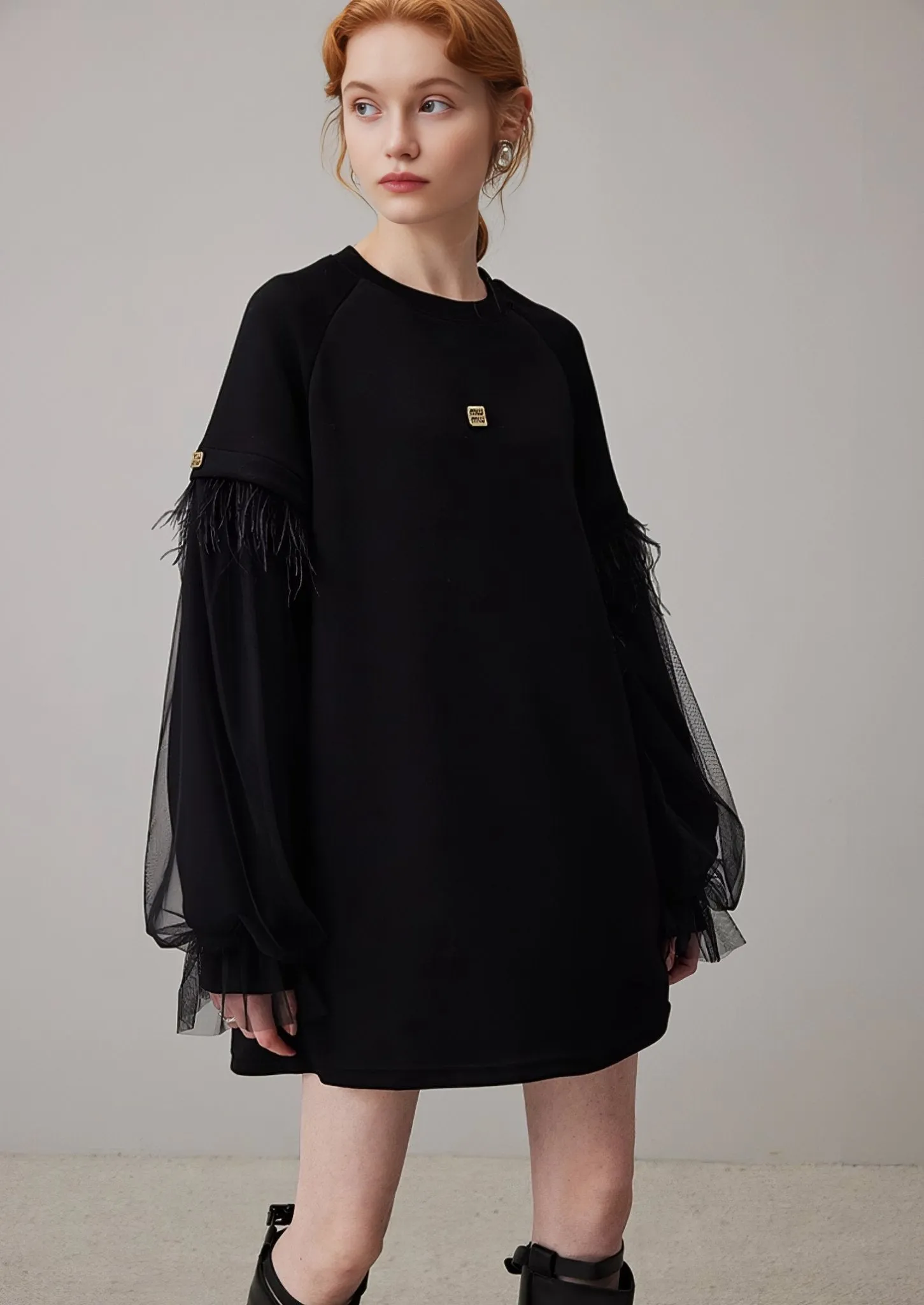 MESH TASSEL LOOSE CREW NECK SWEATSHIRT DRESS
