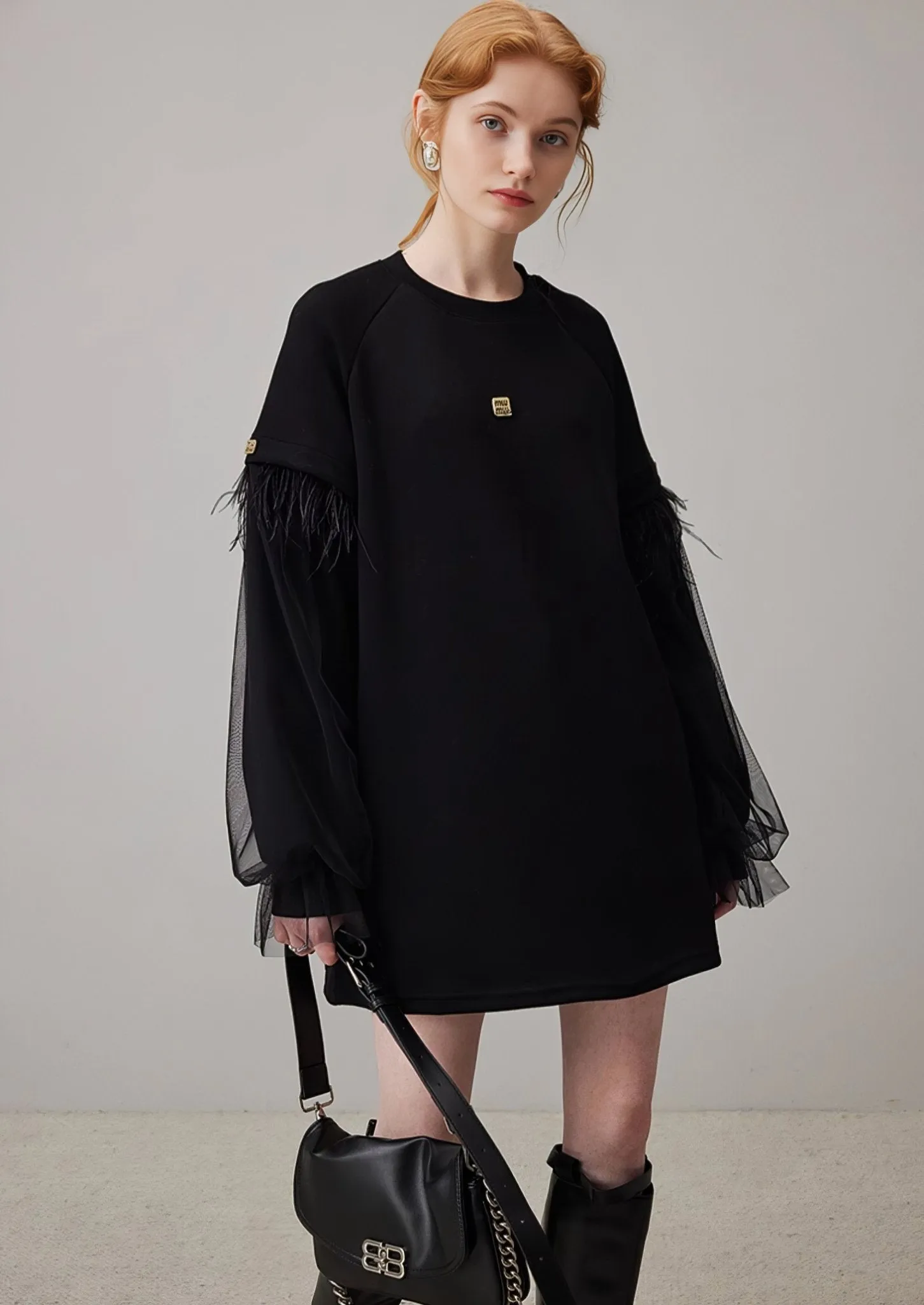 MESH TASSEL LOOSE CREW NECK SWEATSHIRT DRESS