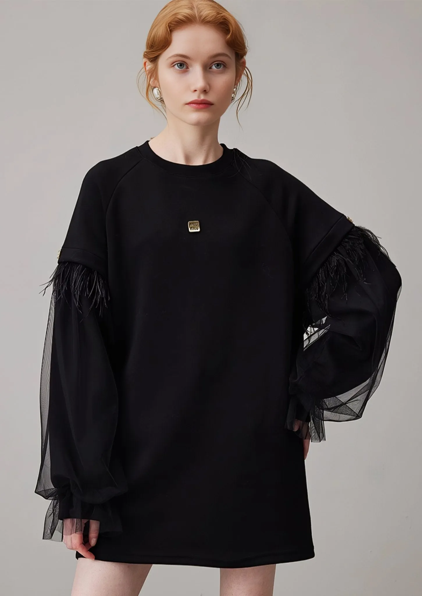 MESH TASSEL LOOSE CREW NECK SWEATSHIRT DRESS