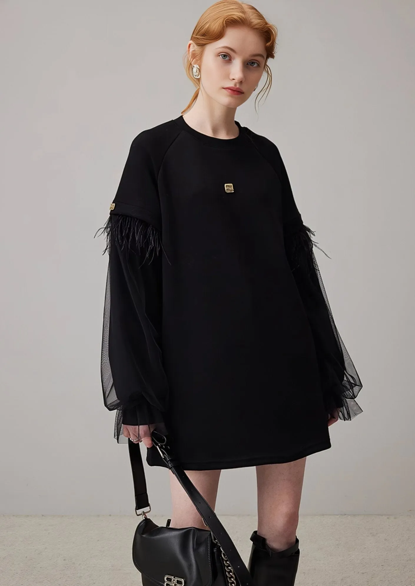 MESH TASSEL LOOSE CREW NECK SWEATSHIRT DRESS