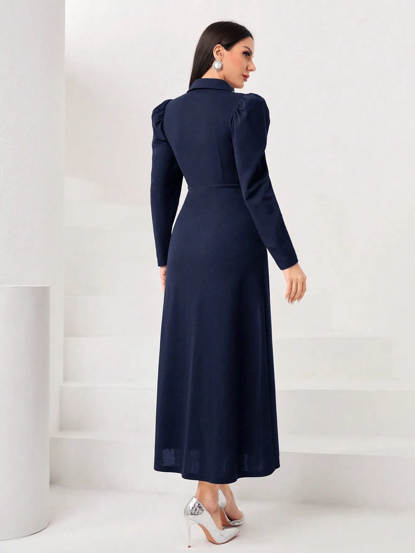 Modely Two Tone Rhinestone Detail Puff Sleeve Pleated Hem Dress (Without Belt)