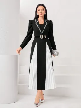 Modely Two Tone Rhinestone Detail Puff Sleeve Pleated Hem Dress (Without Belt)