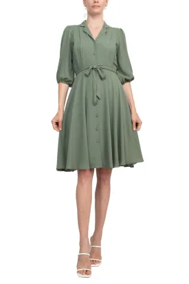 Nanette Lepore Collared Short Sleeve Pleated Tie Waist Solid Rayon Dress