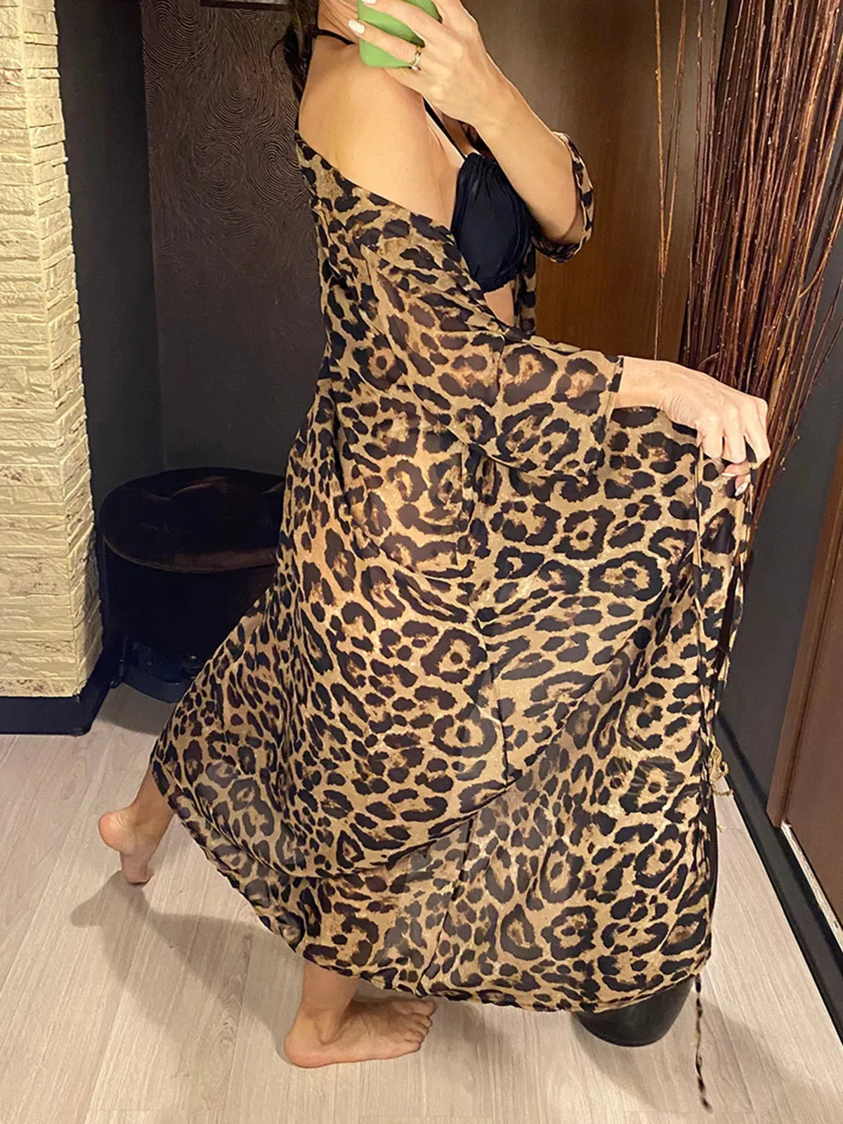 New Sexy Leopard Printed Beach Cover Up Chiffon Cover-ups Swimwear Beach Wear Summer Beachwear Female Women Long Dress V3219