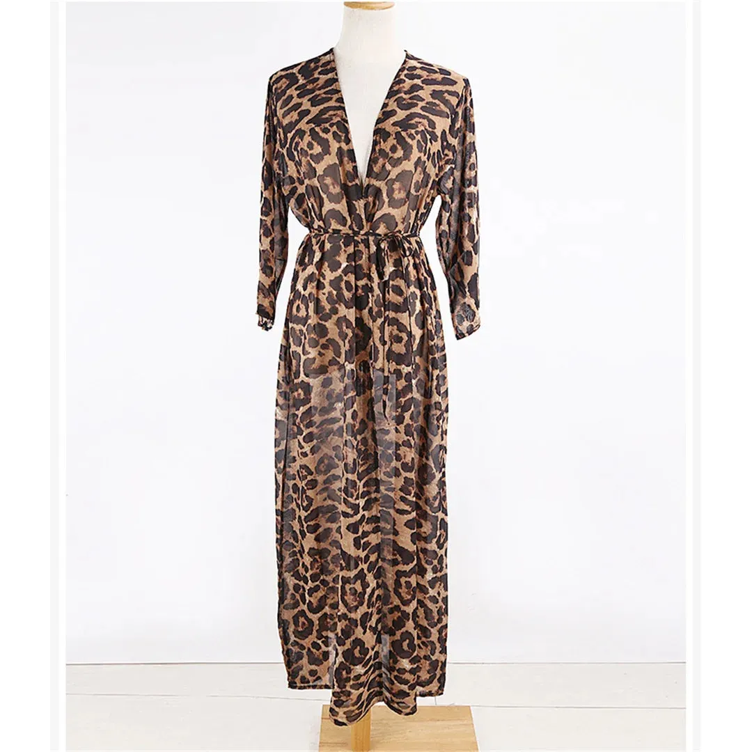New Sexy Leopard Printed Beach Cover Up Chiffon Cover-ups Swimwear Beach Wear Summer Beachwear Female Women Long Dress V3219