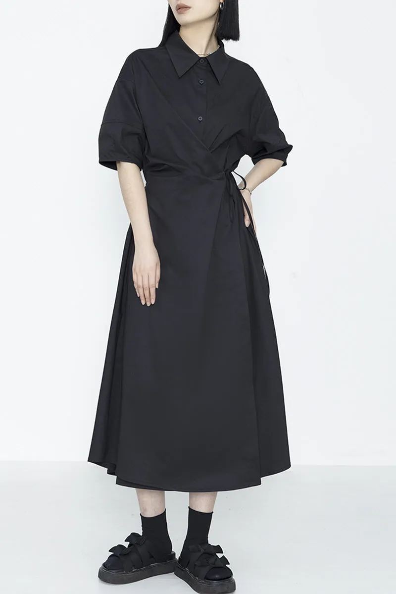Niche Design Dark Temperament Irregular Waist Cinched Shirt Collar Dress