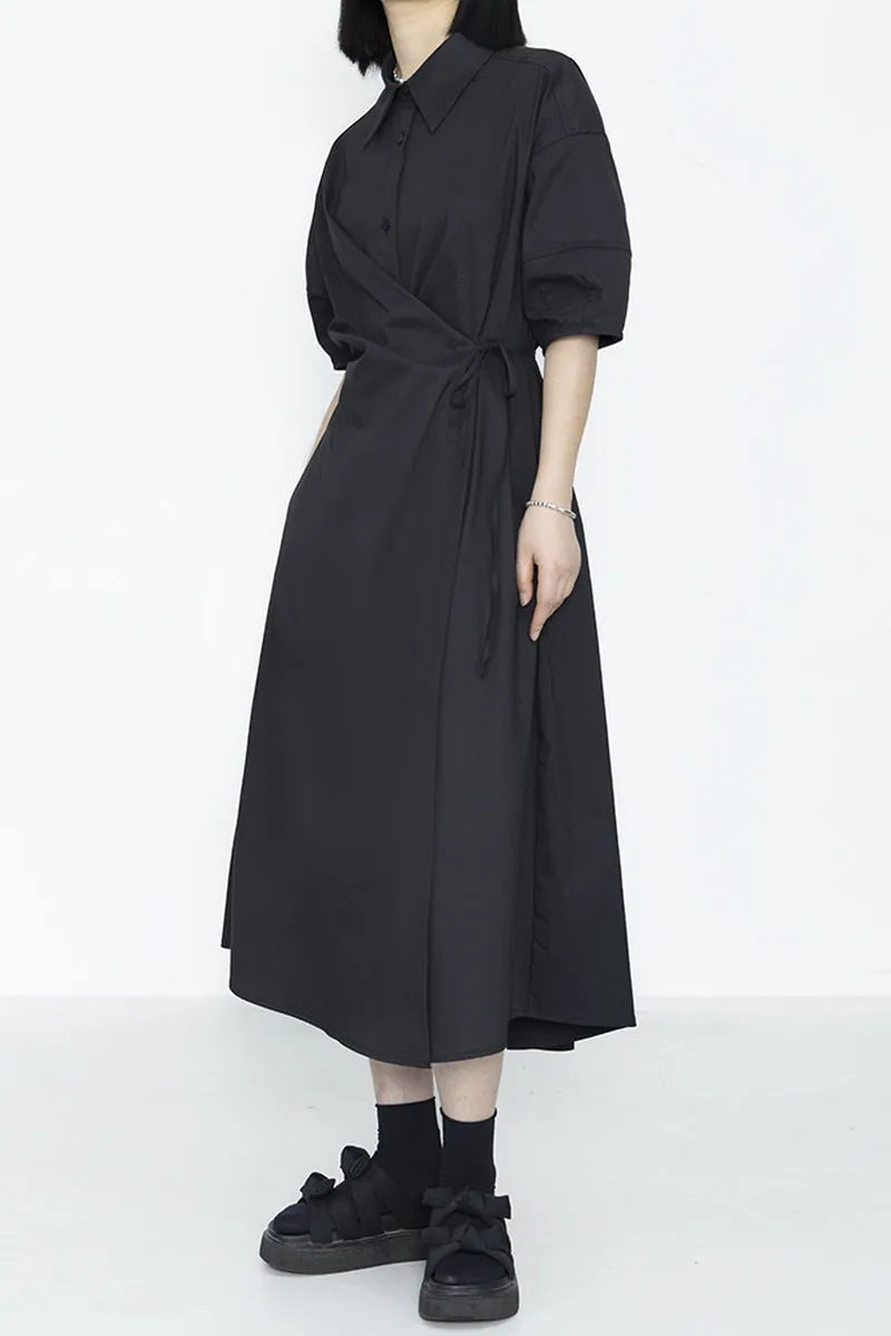 Niche Design Dark Temperament Irregular Waist Cinched Shirt Collar Dress
