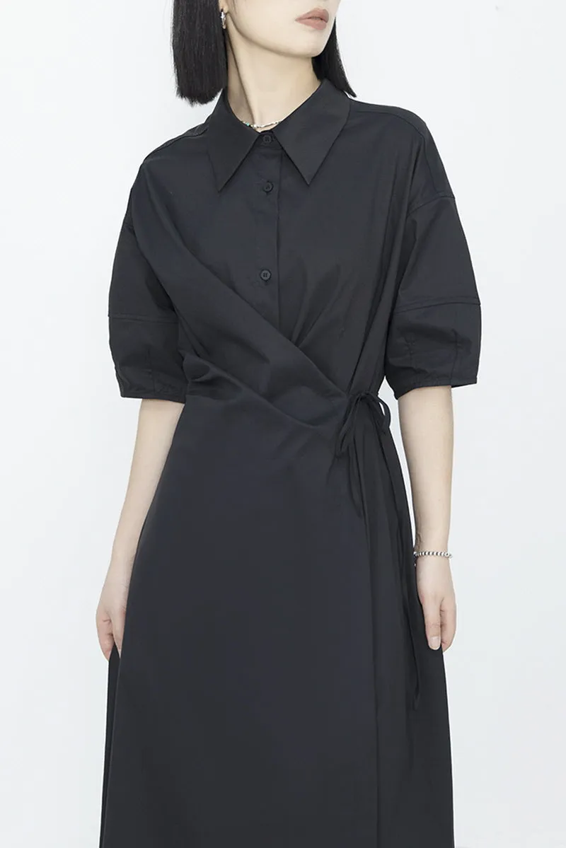 Niche Design Dark Temperament Irregular Waist Cinched Shirt Collar Dress