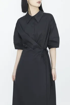 Niche Design Dark Temperament Irregular Waist Cinched Shirt Collar Dress
