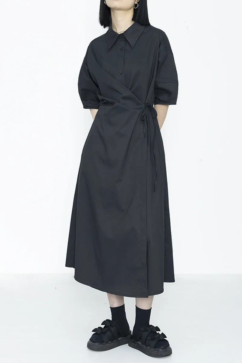Niche Design Dark Temperament Irregular Waist Cinched Shirt Collar Dress