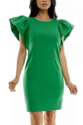 Nina Leonard Ruffle Shoulder Sheath Scoop Neck Mini Dress
