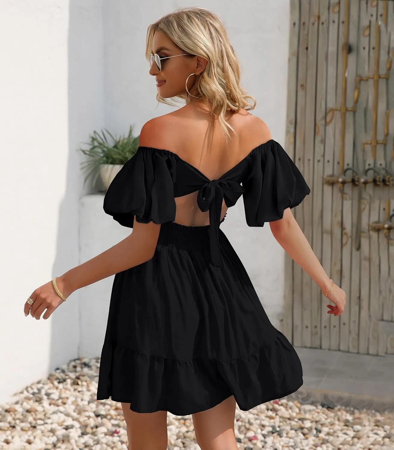 Phortric Womens Summer Tie Back Dress Square Neck Lantern Sleeve Off Shoulder A-Line Casual Mini Dresses