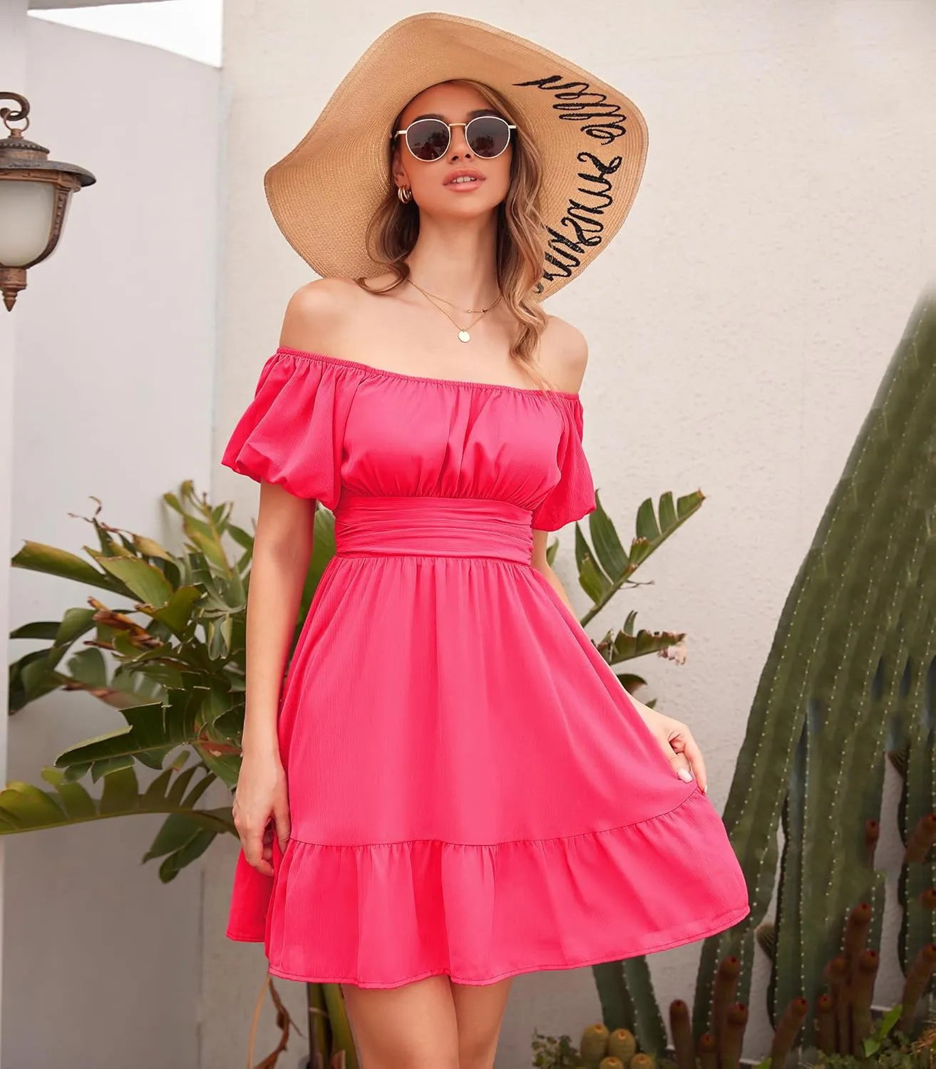 Phortric Womens Summer Tie Back Dress Square Neck Lantern Sleeve Off Shoulder A-Line Casual Mini Dresses