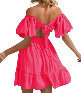 Phortric Womens Summer Tie Back Dress Square Neck Lantern Sleeve Off Shoulder A-Line Casual Mini Dresses