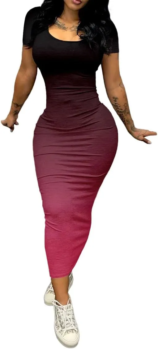 PINSV Women's Casual Bodycon Maxi Dress Summer Scoop Neck Short Sleeve Long Fitted Dresses Club Party
