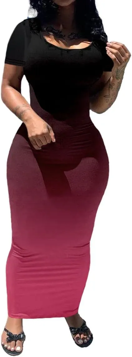 PINSV Women's Casual Bodycon Maxi Dress Summer Scoop Neck Short Sleeve Long Fitted Dresses Club Party