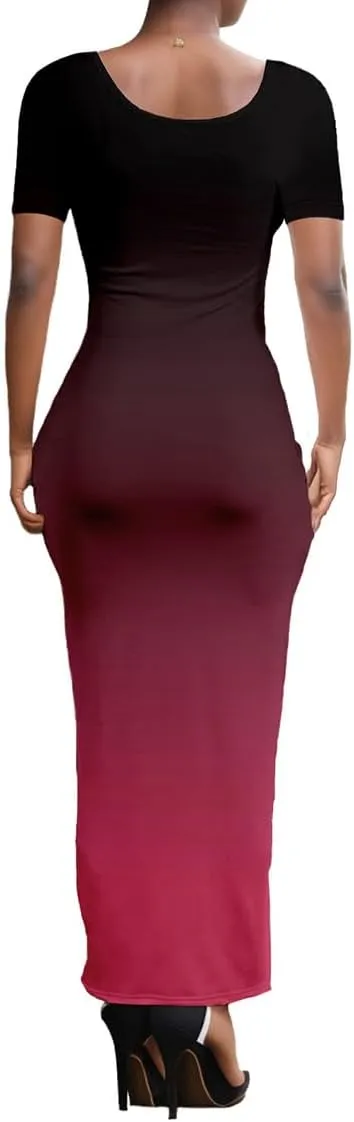 PINSV Women's Casual Bodycon Maxi Dress Summer Scoop Neck Short Sleeve Long Fitted Dresses Club Party