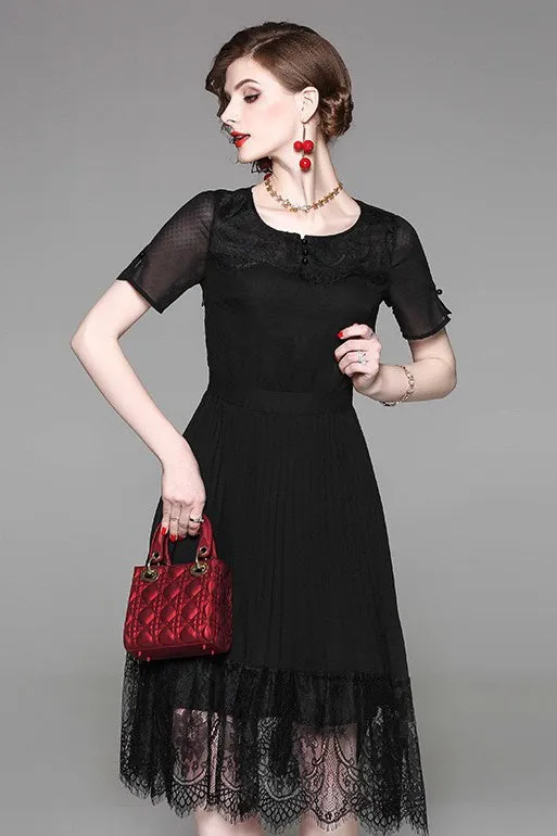 Pleated Dress W/ Lace Hem