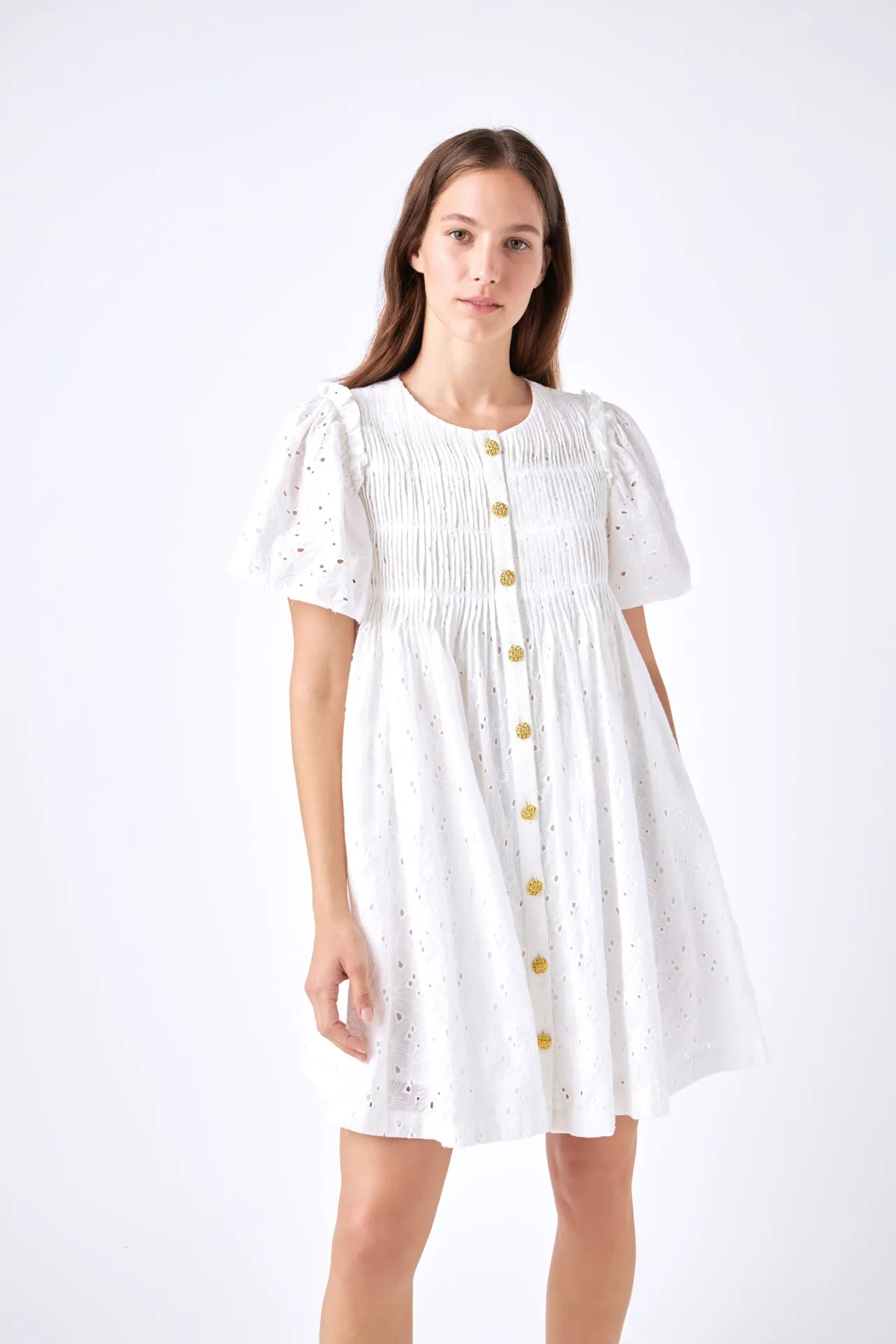 Pleated Eyelet Mini Dress