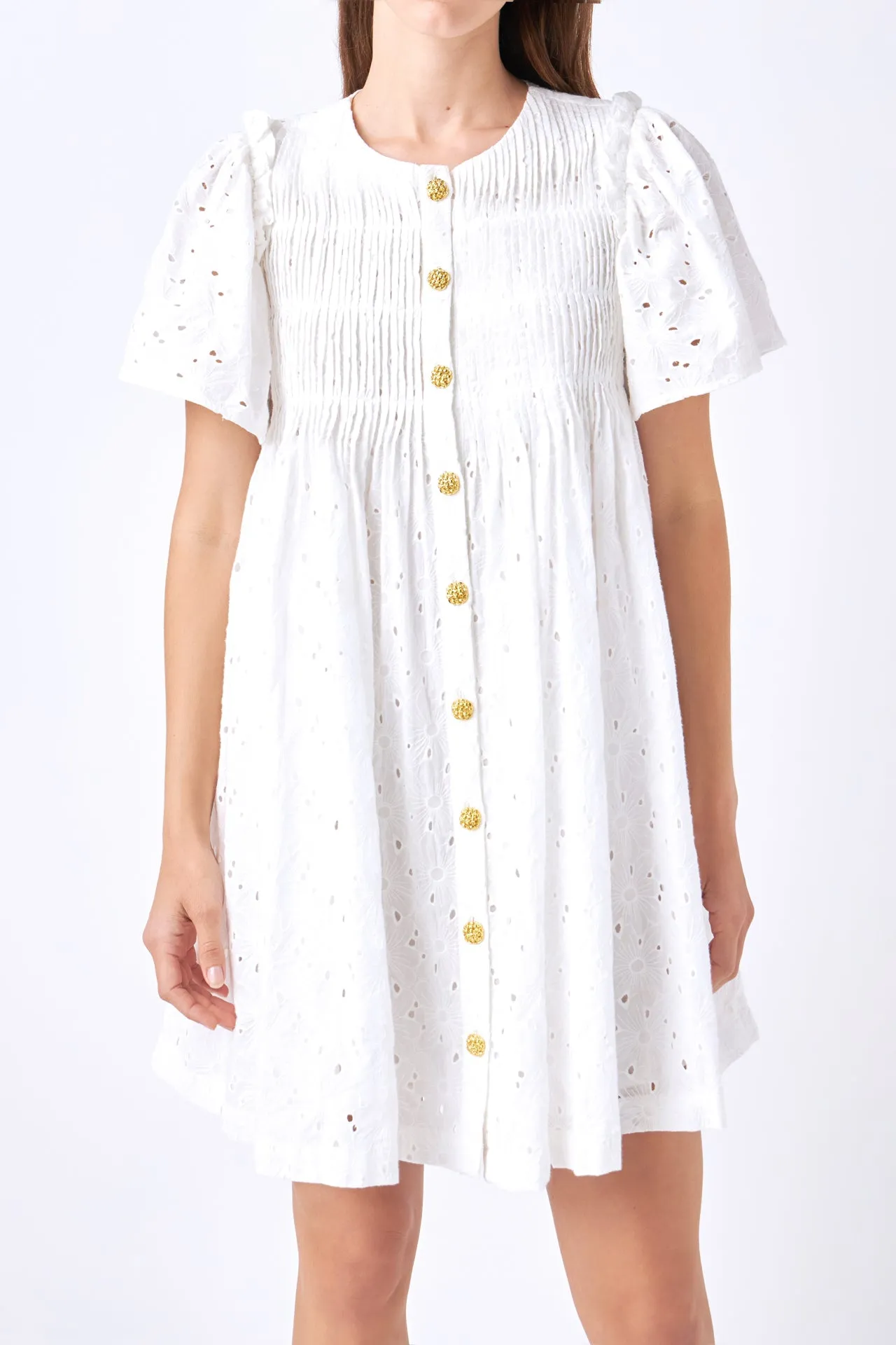Pleated Eyelet Mini Dress