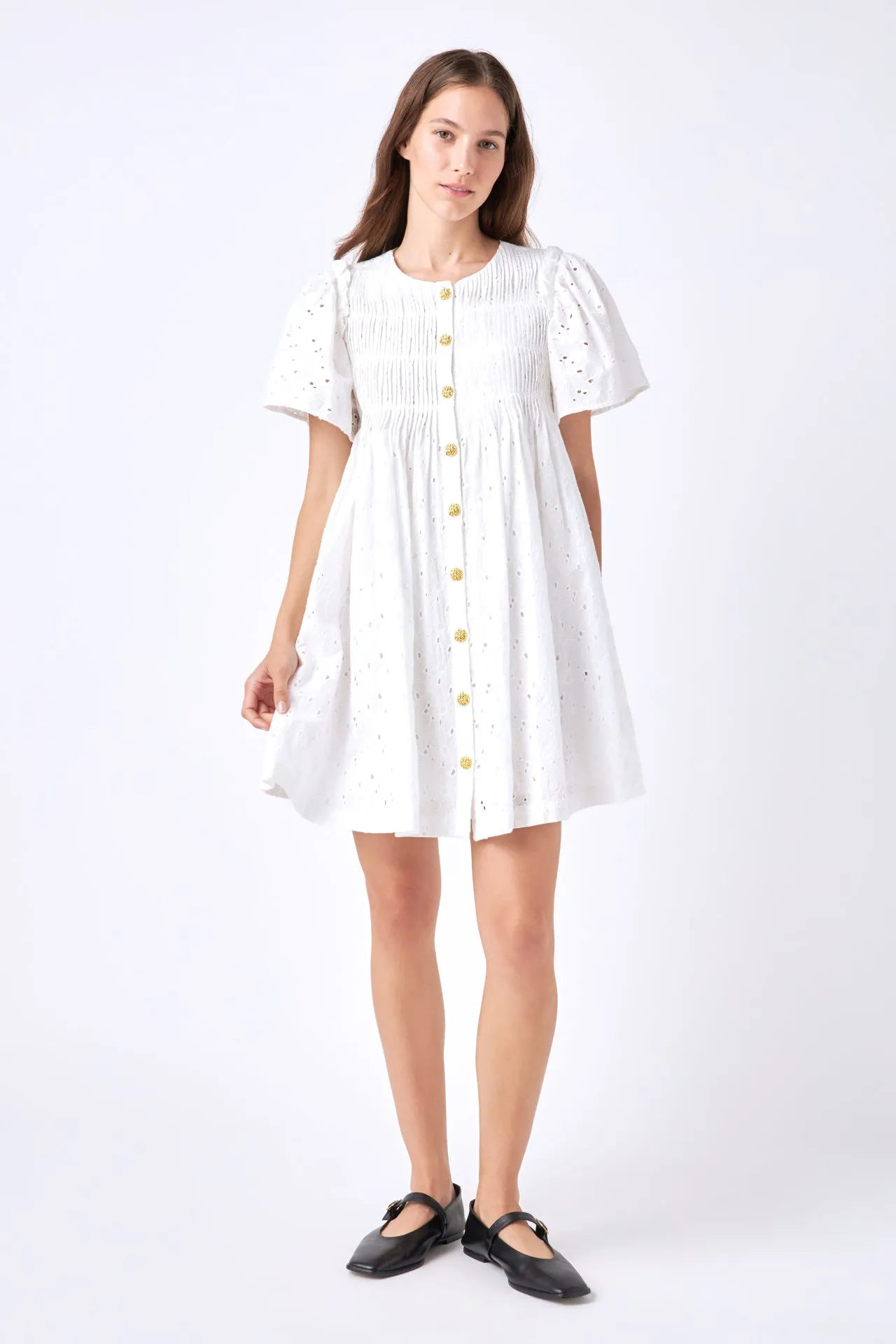 Pleated Eyelet Mini Dress
