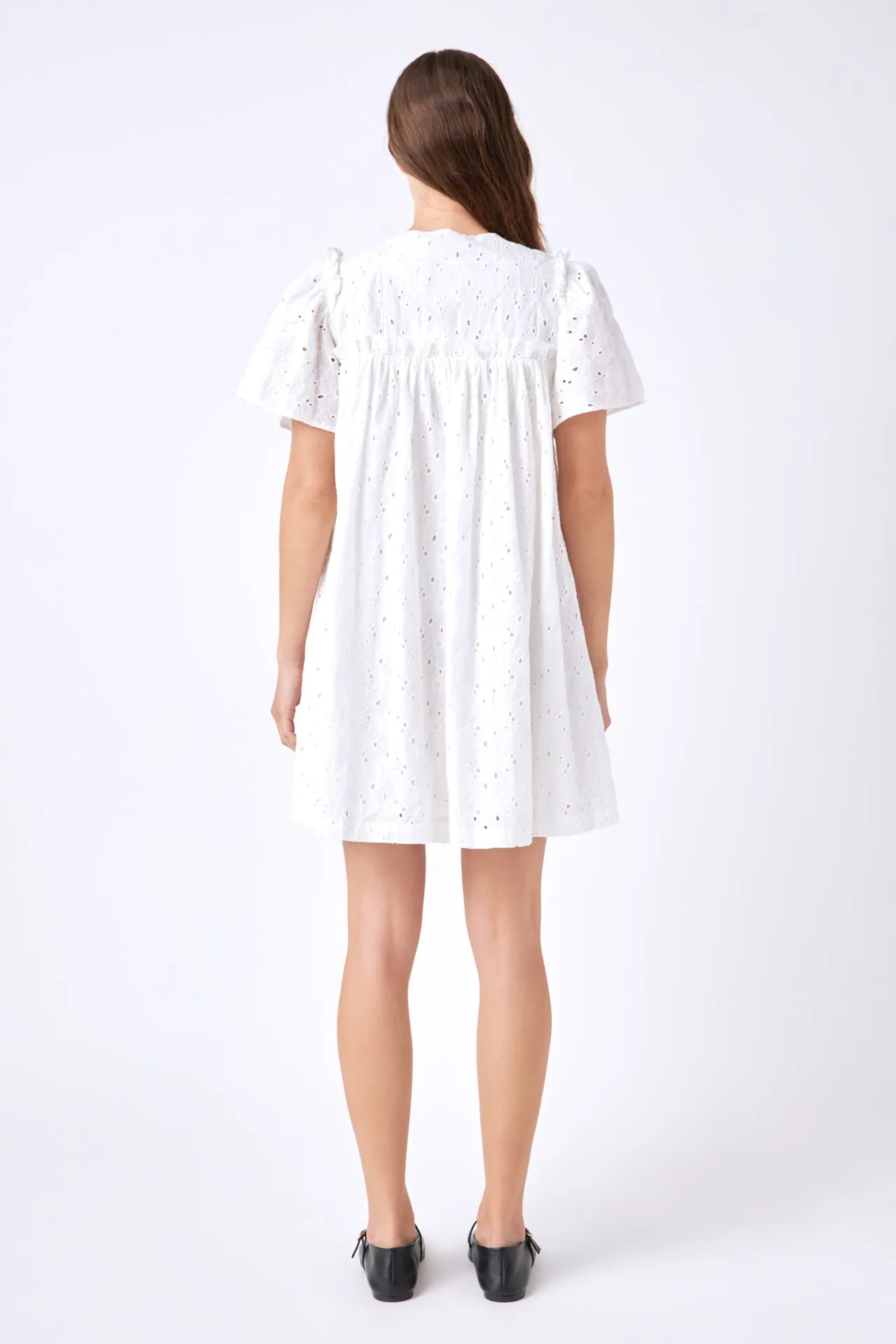Pleated Eyelet Mini Dress