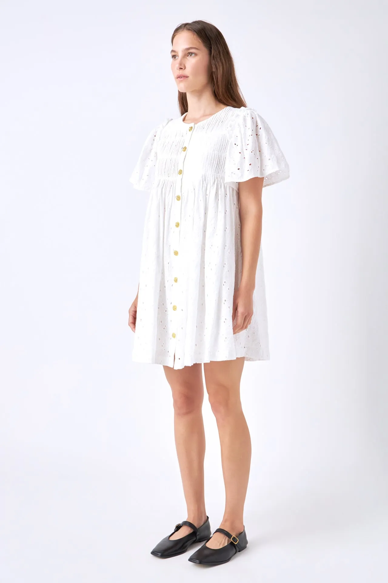 Pleated Eyelet Mini Dress