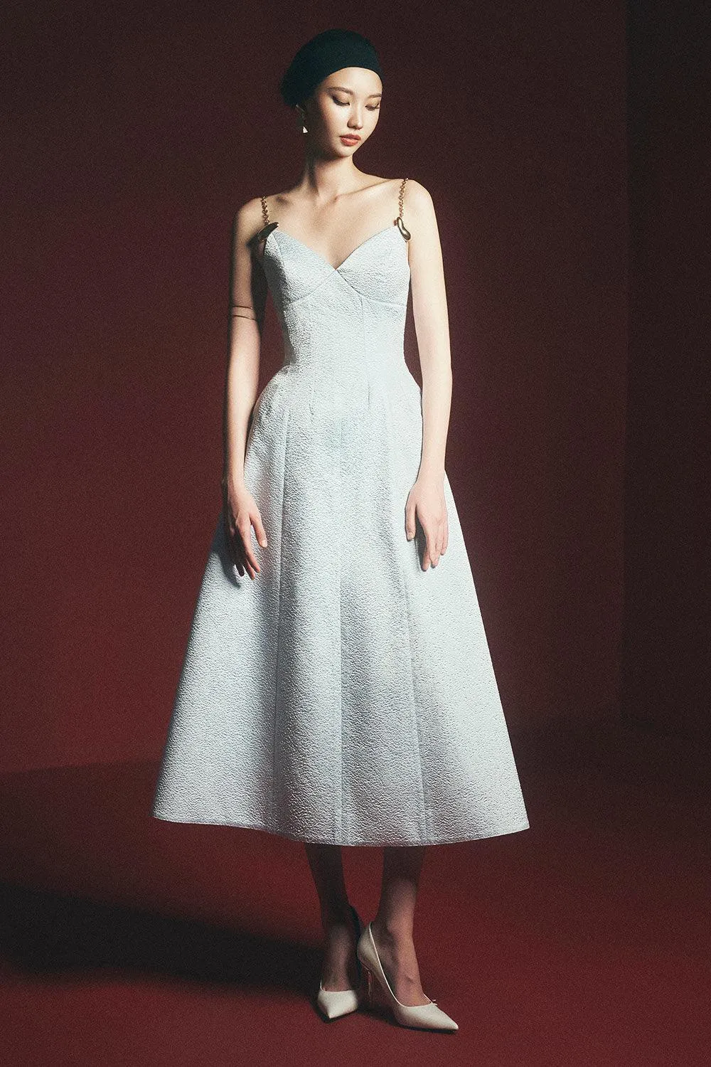 Plumeria A-line Spaghetti Strap Jacquard Midi Dress